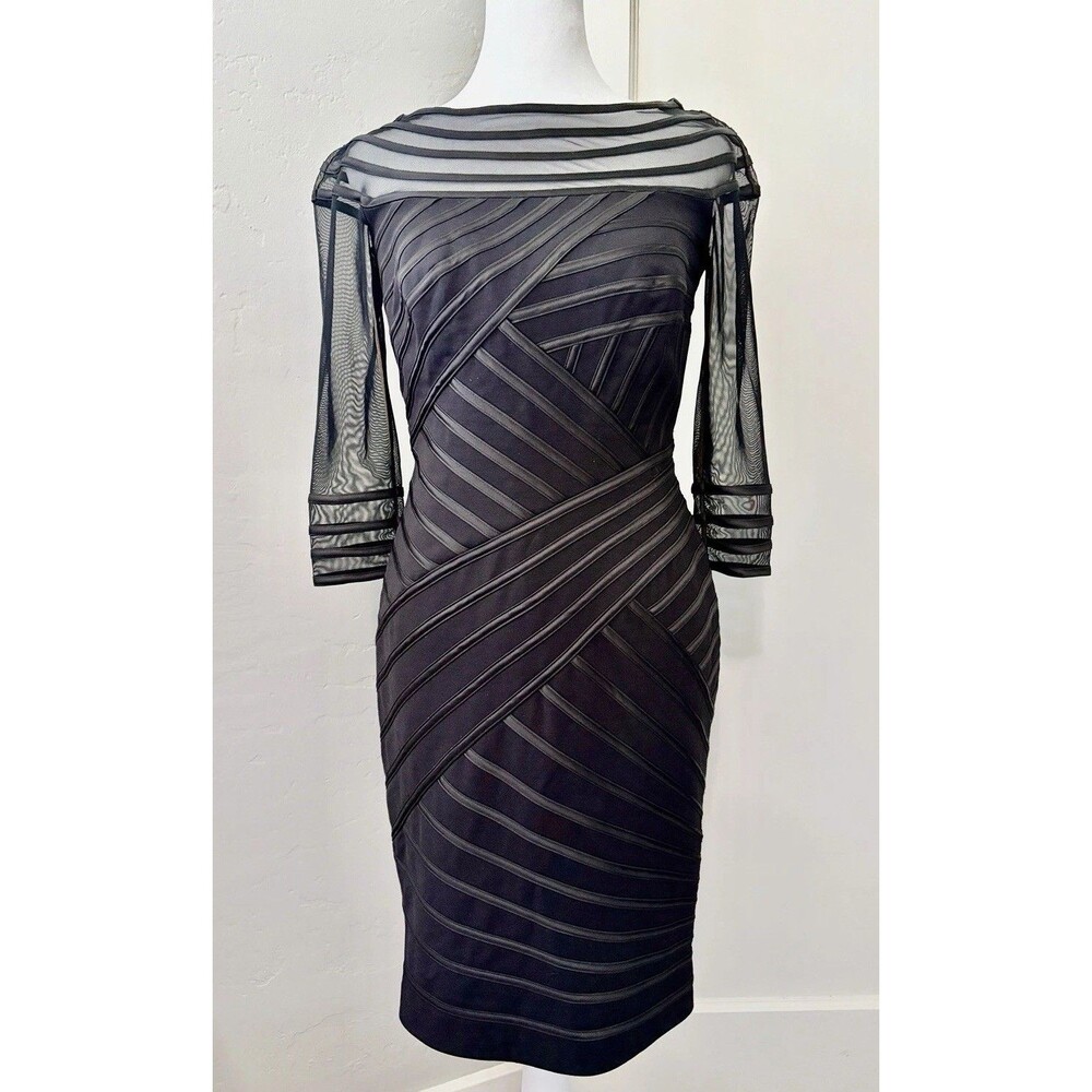 Tadashi Shoji XS Dress Black Illusion Mesh Sheath Bodycon Cocktail Knee Length